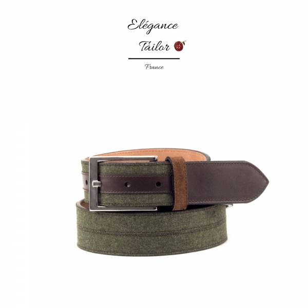 Ceinture marseillaise vert flanelle + veau box marron foncé détaille de chez Élégance Tailor Toulon